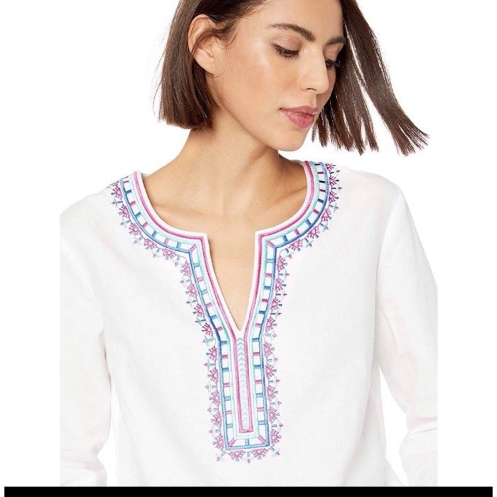 Pappagallo‎ White Embroidered Womens Tunic Top  Medium Linen 3/4 Sleeve New* - Picture 2 of 13